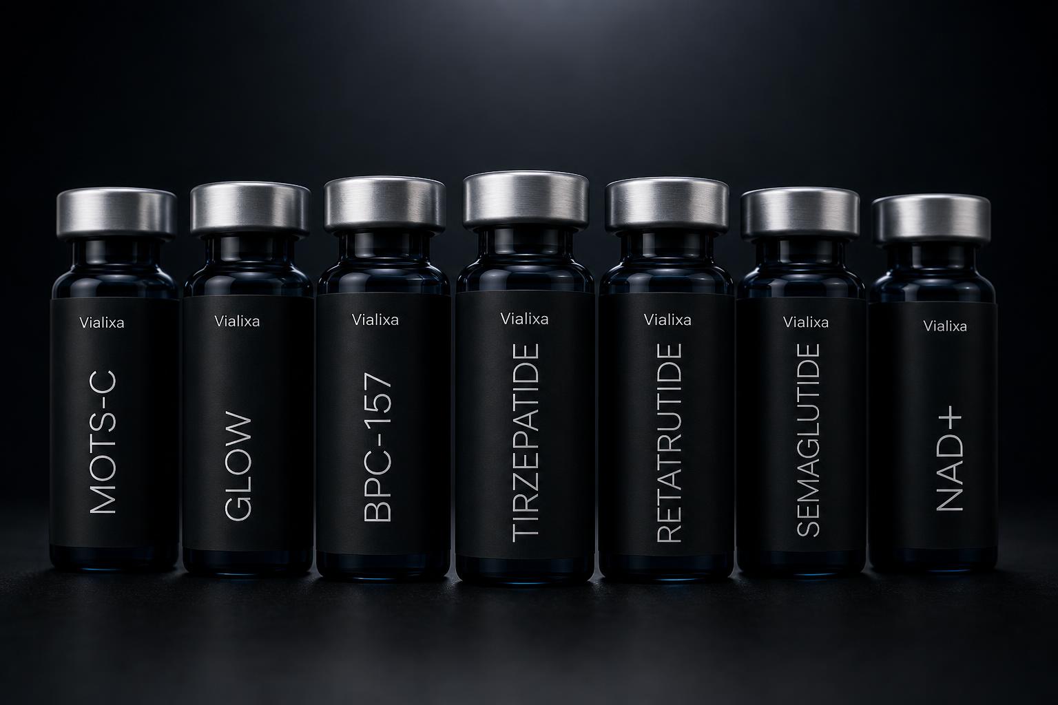 Vialoxa research peptide vial lineup with matte black labels on dark background
