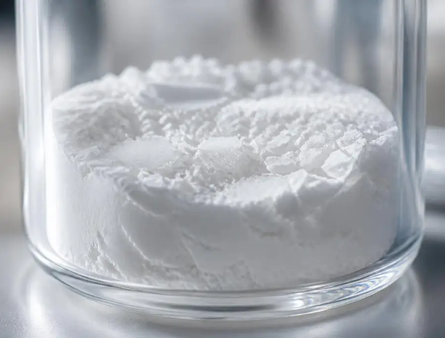 Macro photograph of lyophilised peptide powder inside a glass vial
