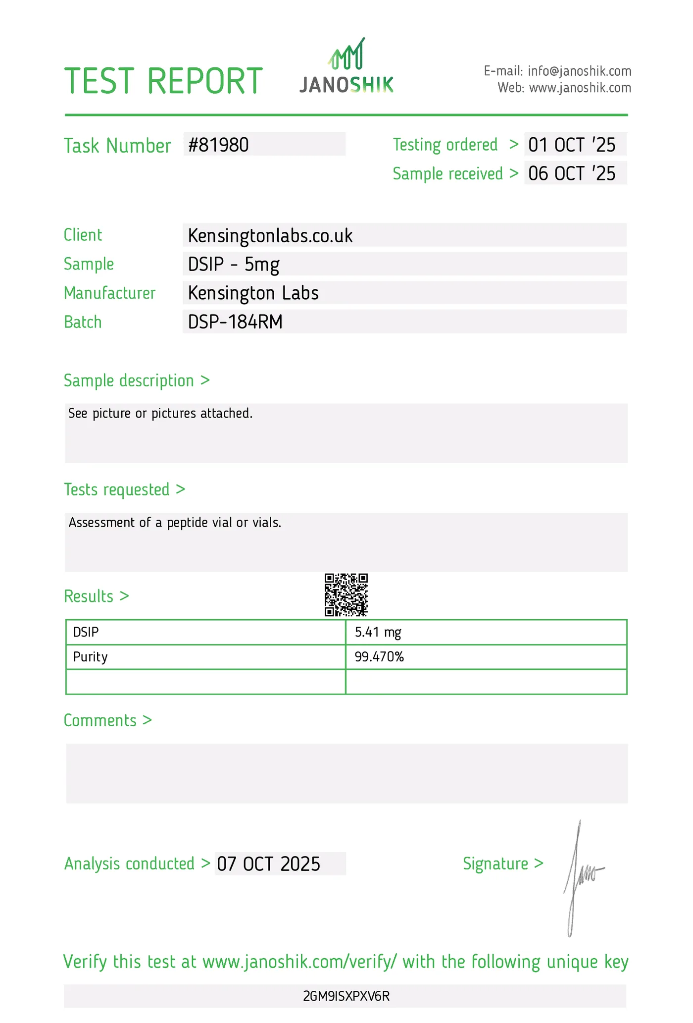 DSIP — 5mg certificate of analysis