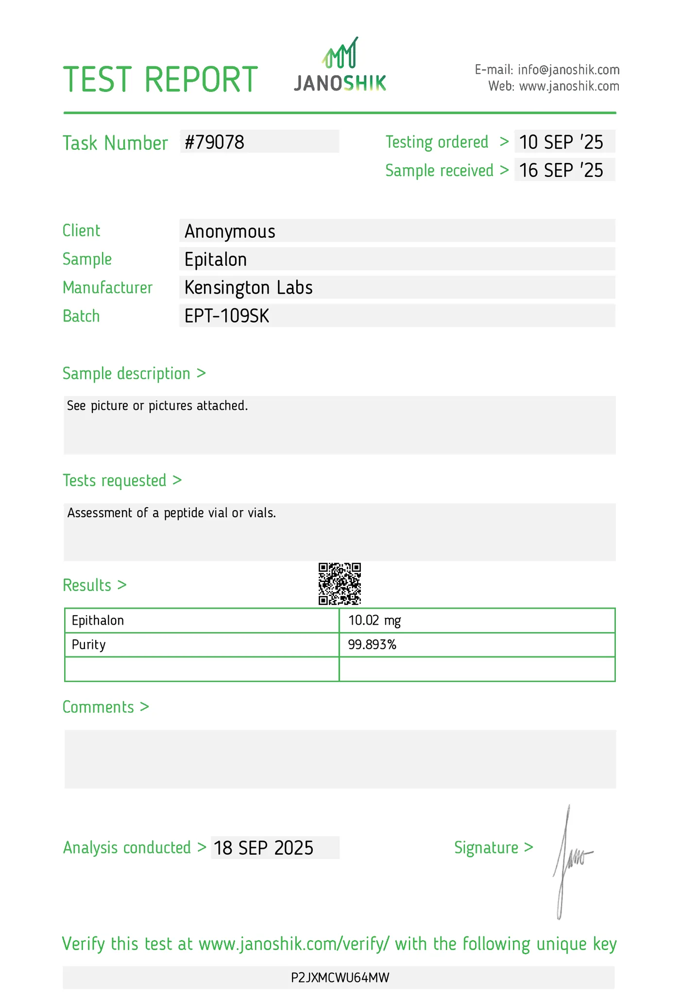 Epitalon — 10mg certificate of analysis