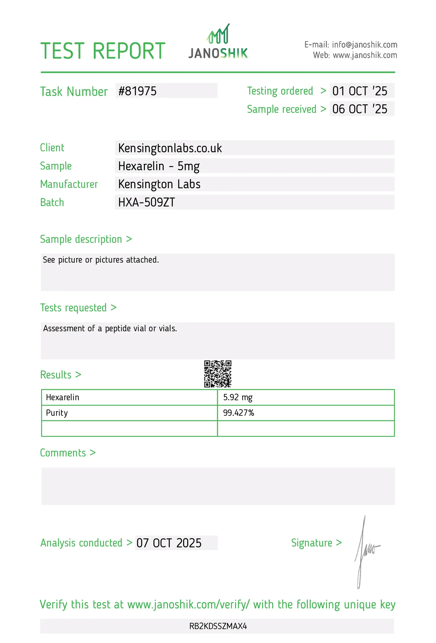 Hexarelin Acetate — 5mg certificate of analysis