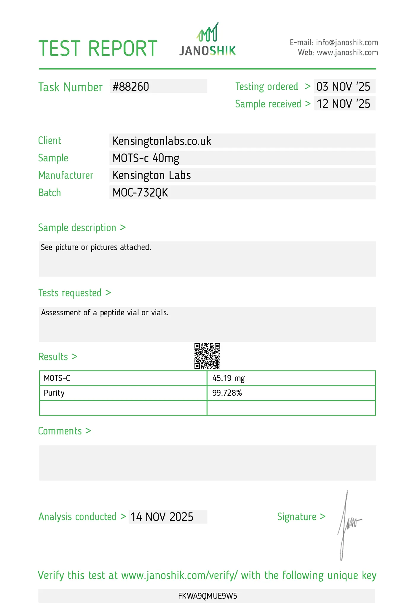 MOTS-c — 40mg certificate of analysis