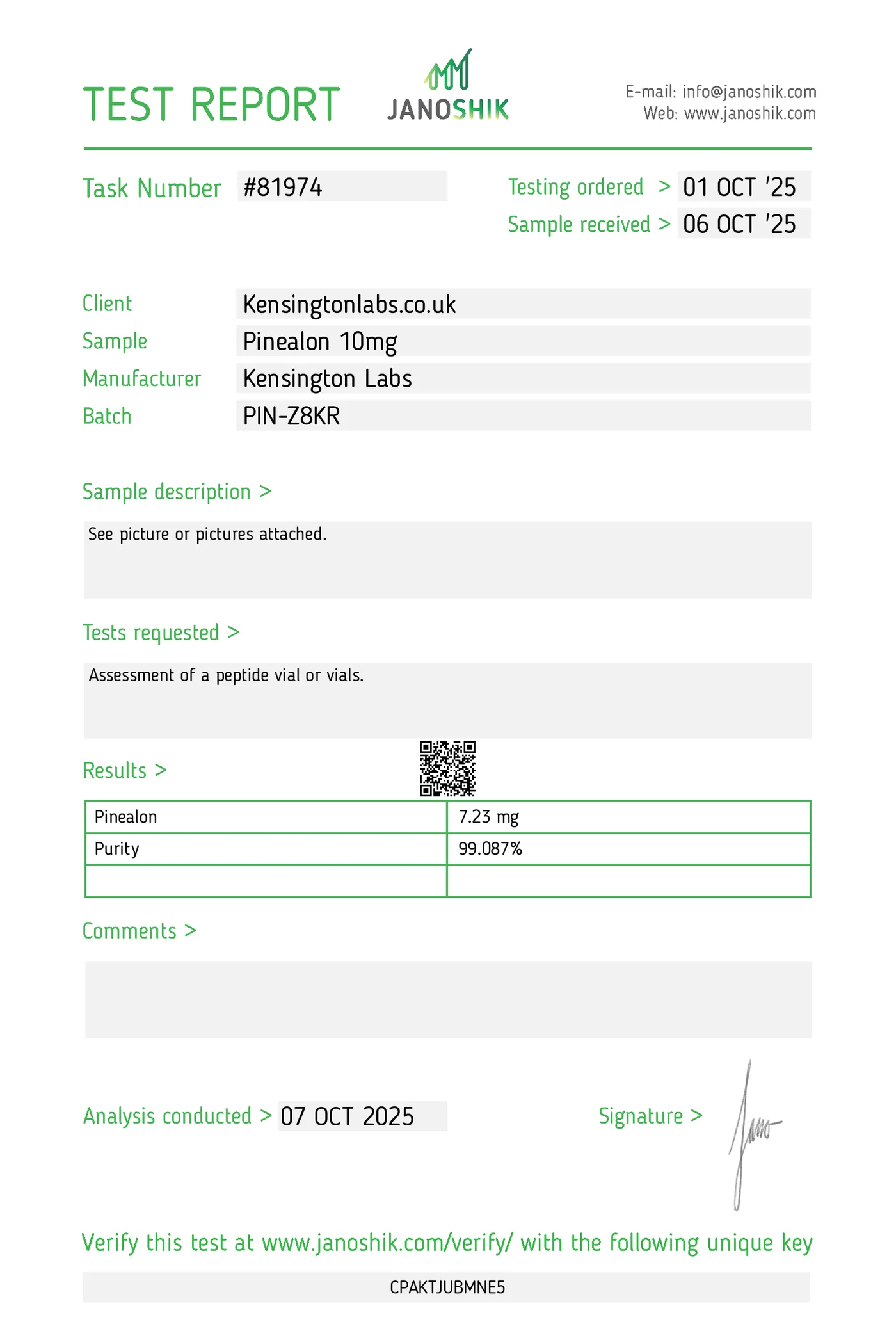 Pinealon — 10mg certificate of analysis