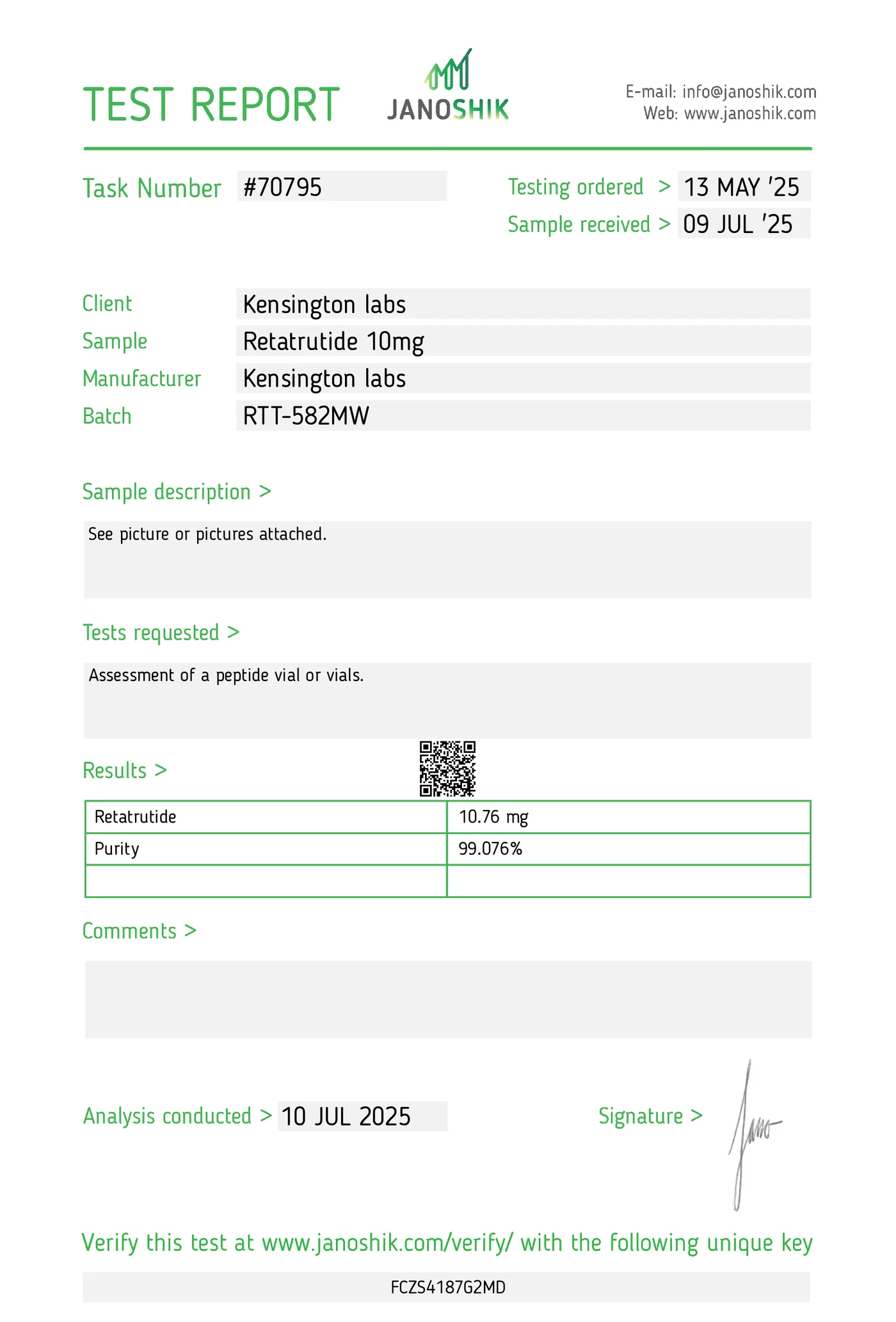 Retatrutide Ingredients - 5mg certificate of analysis