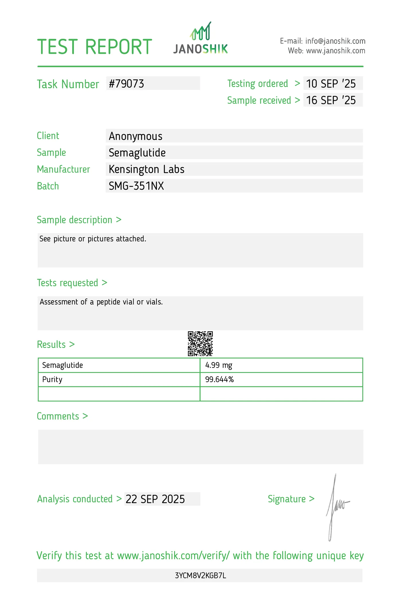 Semaglutide — 5mg certificate of analysis