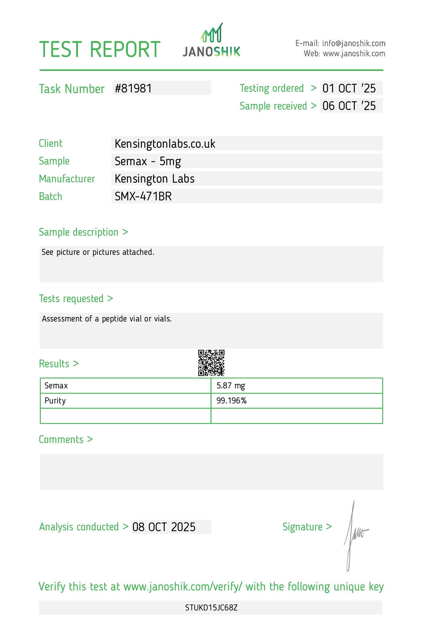 Semax — 5mg certificate of analysis