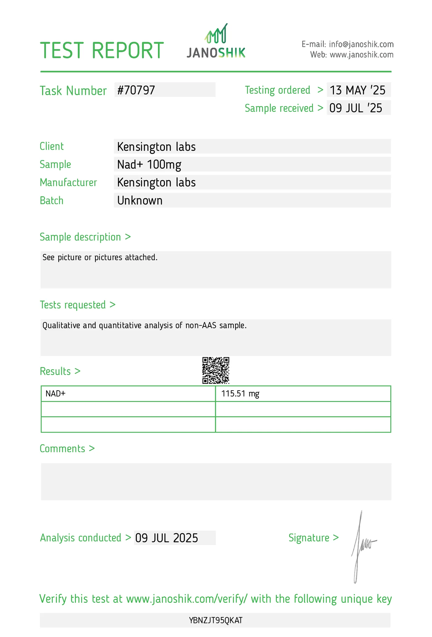 NAD+ — 100mg certificate of analysis
